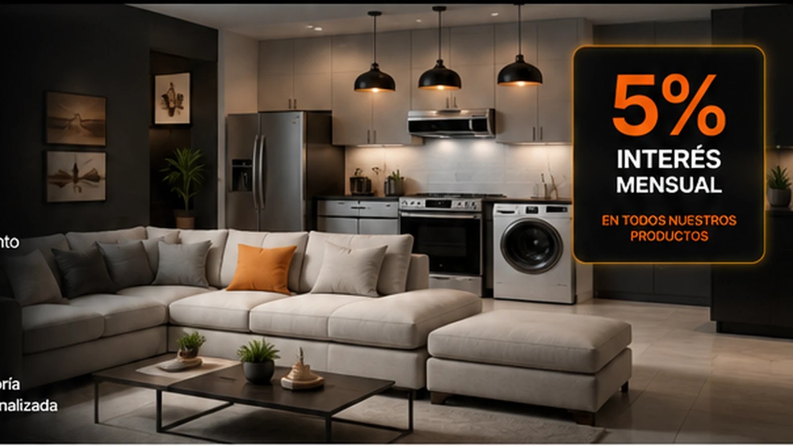 Sala y cocina equipadas con muebles y electrodomésticos